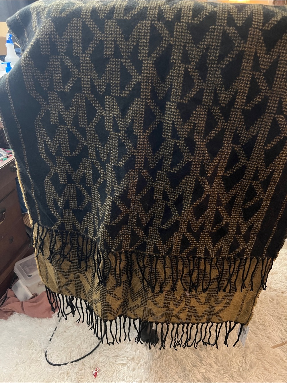 Michael Kors Black and Gold Jacquard Fringe Scarf/Shawl